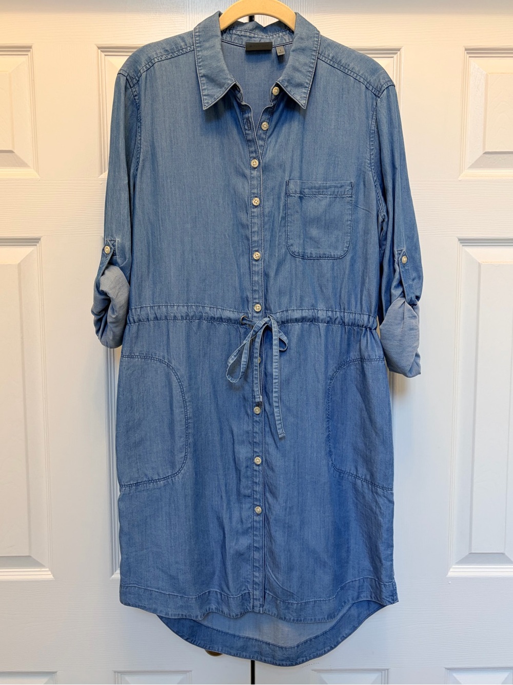 Athleta Light Blue Denim Midi Shirt Dress with Tie Waist